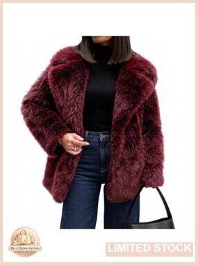 Womens Faux Fur Coat Warm Fluffy Fur Jacket Lapel Shaggy Furry Winter Coat